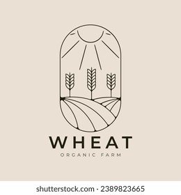 wheat farm line art logo vector illustration with emblem, sunburst minimalist design