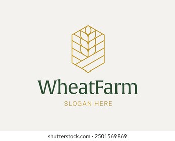 Wheat Farm Logo. Grain and Field in Hexagonal Shape Vector Template with Monoline Design Style