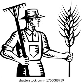 Wheat Farmer Holding a Rake and Cereal Grain Stalk Retro Woodcut