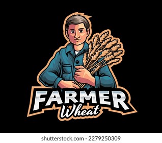Diseño del logotipo de la mascota del agricultor de trigo. Granjero de trigo simpático con tallo de trigo en la mano. Perfecto para empresas agrícolas y marcas de alimentos naturales