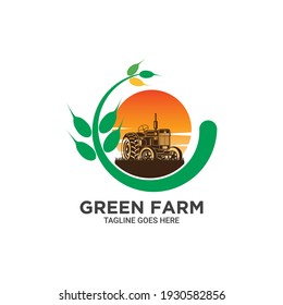 Wheat Farming Logo With Tractor Vector And Sun