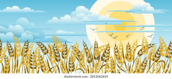 Wheat field against the backdrop of the sky and the sun, ears of wheat, rye or barley, agriculture and harvest, vector illustration