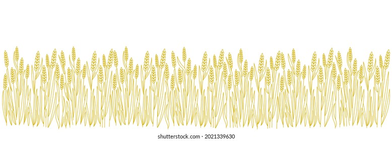 Wheat field. Agriculture cereal harvest. Bread wrapper. Dry rye grass straw. Horizontal banner. Hand drawn sketch. Contour vector line. Open paths. Editable stroke.