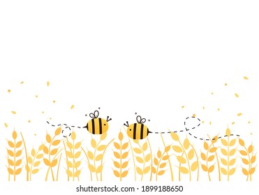 Wheat field with bee cartoon on white background vector illustration.