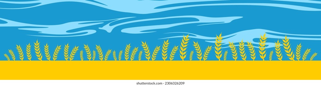 Wheat field with blue sky and clouds. Vector flat illustration in colors of Ukraine.