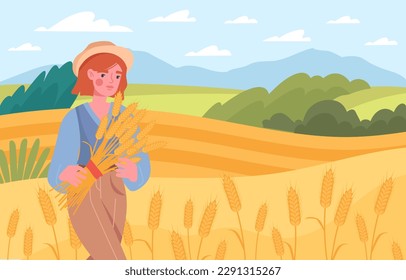 Wheat field concept. Woman in straw hat harvests in summer and autumn seasons. Beautiful natural landscape and panorama. Farming and agriculture. Cartoon flat vector illustration