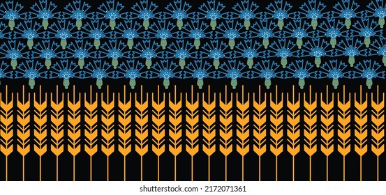 Wheat field and cornflowers. Abstract Ukrainian flag. Grain fields with wild flowers. Yellow and blue color theme. Support Ukraine concept. Vector illustration.