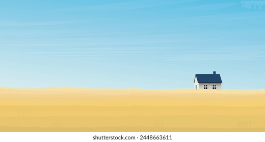 Wheat field with country house and blue sky background vector illustration have blank space. Countryside summer background gold colors grain nature. Autumn agriculture landscape.