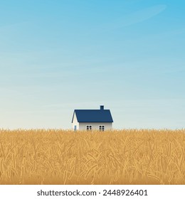 Wheat field with country house and blue sky square background vector illustration have blank space. Countryside background with gold colors barley field. 