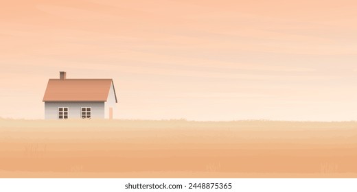 Wheat field with country house and vanilla sky background vector illustration have blank space. Countryside with gold colors grain nature and sunset background . Autumn agriculture landscape.