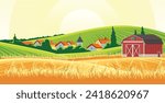 wheat field with fresh grass background, village, houses, trees and hills, agriculture vector