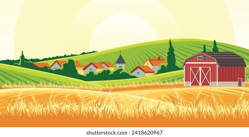 wheat field with fresh grass background, village, houses, trees and hills, agriculture vector