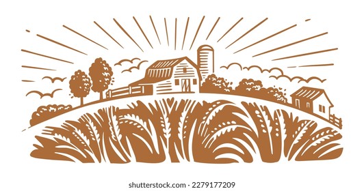 Wheat field hand drawing sketch engraving  Village