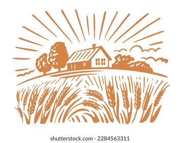 Wheat field hand drawing sketch engraving. Village