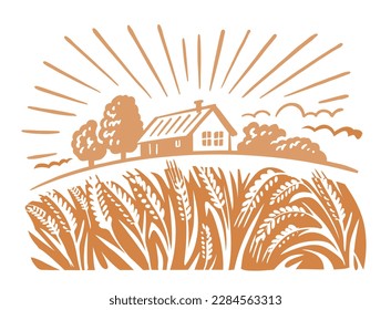 Wheat field hand drawing sketch engraving. Village