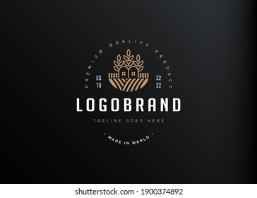 Wheat field house logo design inspiration. Vector illustration of a wheat plant that resembles a house or barn. Modern vintage icon design template with line art style.