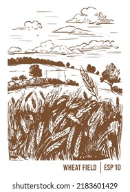 Wheat Field Illustration. Monochrome Picture. Hand Drawn Vector Sketch