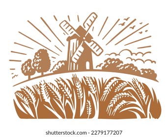Wheat field landscape with mill. Hand drawn