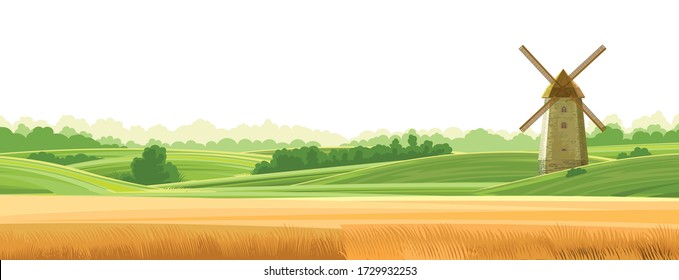 Ropa de tierra en el campo de trigo. Vector aislado sobre fondo blanco. Colinas verdes y verdes. Molino de viento para harina molida. Paisaje rústico rural. Árboles, arbustos. Estilo plano. 