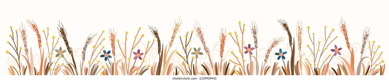 Wheat field. Large banner with different ears of corn, branches and flowers. Farmer's cereal field. Design elements for decoration. Vector graphics
