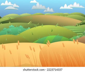Wheat field. Mature cereal agricultural plant vegetable garden. Far away meadows and plants to grow. Farm to grow for flour. Rye or barley. Cartoon fun style. Flat design. Vector