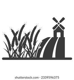 Wheat field with mill glyph icon isolated on white background.Vector illustration.