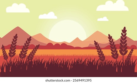 Wheat Field Nature Landscape with Mountains Hills View in the Morning