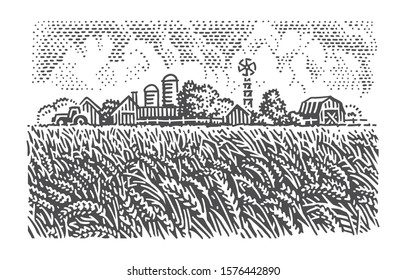 Wheat field near farmhouses and barns monochrome vector illustration. 