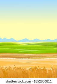 Wheat field. Rural hills and meadows. Scenery. Vector. Pasture grass for cows and a place for vegetable gardens and farming. Horizon. Beautiful view. Summer.