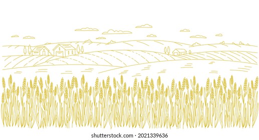 Wheat field. Rural landscape panorama. Agriculture cereal harvest. Dry grass meadow. Contour vector line. Bread wrapper. Open paths. Editable stroke. Hand drawn sketch.