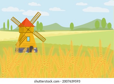 Wheat field. Rural landscape with a windmill. Vector illustration