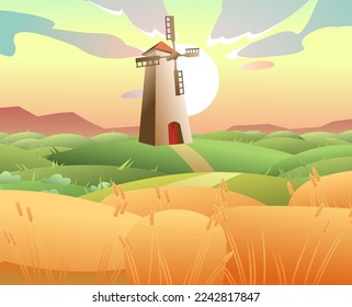Wheat field. Rural view of vegetable garden and road with mill. Mature cereal agricultural plant vegetable garden. Farm to grow for flour. Rye or barley. Cartoon fun style. Flat design. Vector