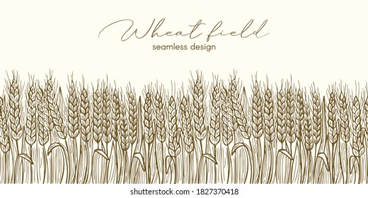 Wheat field seamless border in graphic sketch style. Vector hand drawn vintage outline illustration for poster, label and menu bakery shop.