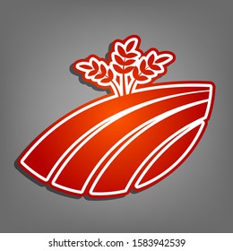 Wheat field sign. Flat red icon with linear white icon with gray shadow at grayish background. Illustration.