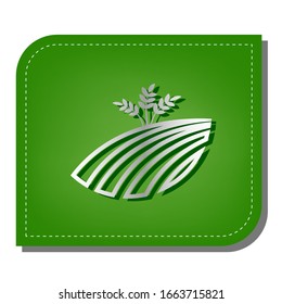 Weizenfeld-Schild. Silber Farbverlauf-Symbol mit dunkelgrünem Schatten auf ökologisch gepflastertem grünem Blatt. Illustration.