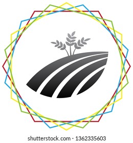 Wheat field sign. Vector. Black icon with patch of light inside colorful hexagonal frames at white background.