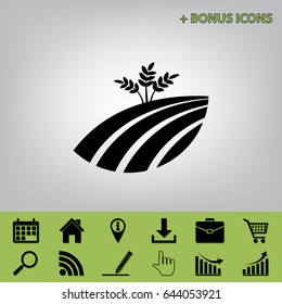Wheat field sign. Vector. Black icon at gray background with bonus icons 