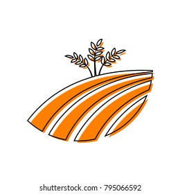 Wheat field sign. Vector. Black line icon with shifted flat orange filled icon on white background. Isolated.