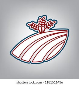 Wheat field sign. Vector. Dark red, transparent and midnight green stroke of white icon at grayish background.