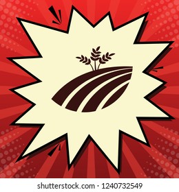 Wheat field sign. Vector. Dark red icon in lemon chiffon shutter bubble at red popart background with rays.