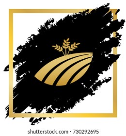 Wheat field sign. Vector. Golden icon at black spot inside golden frame on white background.