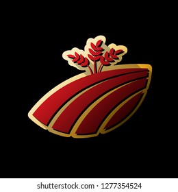 Wheat field sign. Vector. Red icon with small black and limitless shadows at golden sticker on black background.