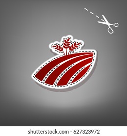 Wheat field sign. Vector. Red icon with for applique from paper with shadow on gray background with scissors.