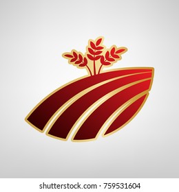Wheat field sign. Vector. Red icon on gold sticker at light gray background.