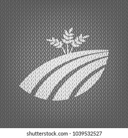 Wheat field sign. Vector. White knitted icon on gray knitted background. Isolated.