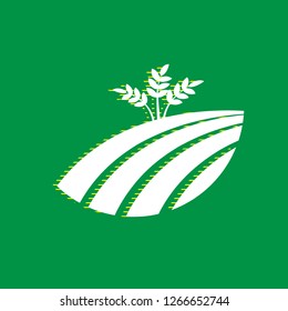 Wheat field sign. Vector. White flat icon with yellow striped shadow at green background.