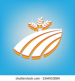 Wheat field sign. Vector. White icon with 3d warm-colored gradient body at sky blue background.
