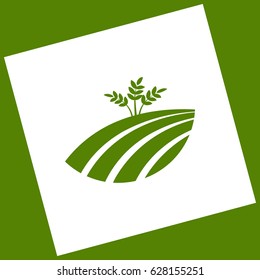 Wheat field sign. Vector. White icon obtained as a result of subtraction rotated square and path. Avocado background.