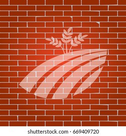 Wheat field sign. Vector. Whitish icon on brick wall as background.