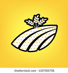 Wheat field sign. Vector. Yellow polka dot white icon with black contour at warm yellow background.